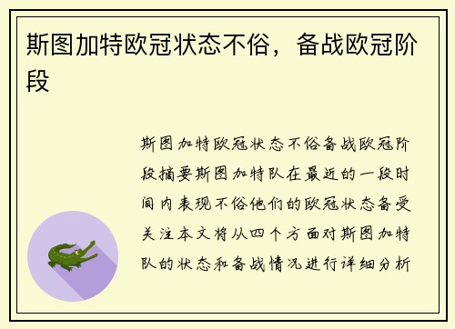 斯图加特欧冠状态不俗，备战欧冠阶段❗